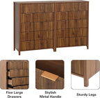 5 Drawer Double Dresser for Bedroom, Modern Wide Chest of Drawers with Fluted Panel Design,Wood Storage Dressers Chest of Drawers for Bedroom Living Room Hallway Closet,Walnut,2 Sets