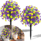 22.8" Set of 2 Fall artificial Boxwood topiary Ball tree for outdoors with Spike,UV Resistant Faux Shrubs Outdoor with morning glory flowers,Faux Plants Bushes for Garden Porch Yard Patio Decor YP