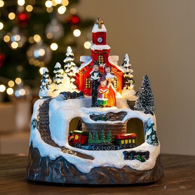 Animated Musical Christmas Village Figurines Christmas Collectibles Statues Church Building and Carolers with Rotating Train LED Lights, Battery & USB Home Decor Gifts Festive Holiday Decorations