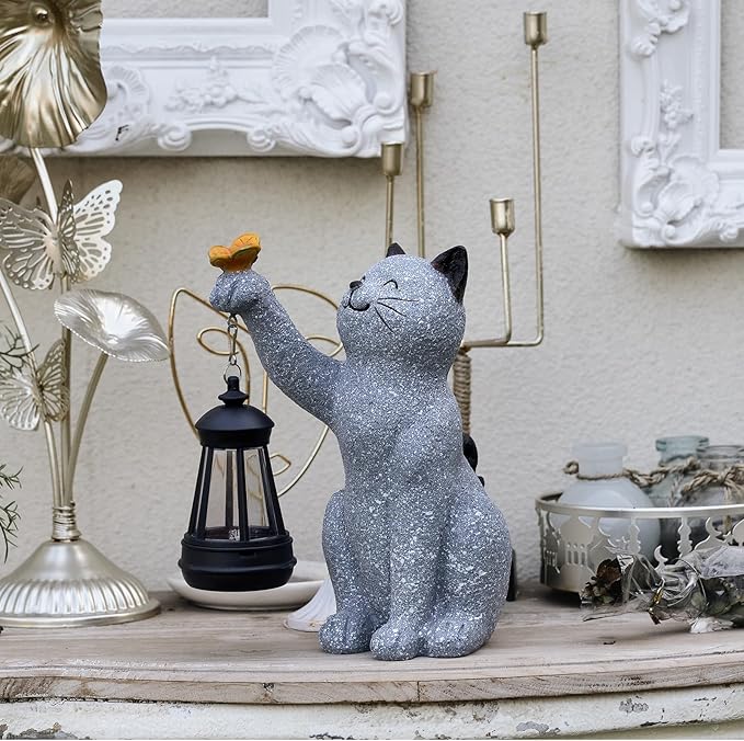Solar Cat Garden Statue Outdoor Decor, Cat Sculpture with Lantern and Butterfly for Yard Lawn Patio Balcony, Birthday Housewarming Gifts for Mom, Grandma, Women, 9.4 inch, Resin