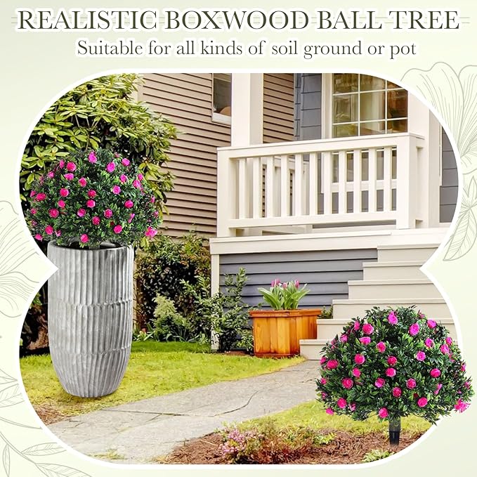 Yunlly Set of 2 Artificial Boxwood Topiary Ball Tree Fake Bushes Shrubs Outdoor Faux Plant with Ground Spike Flowers UV Resistance Greenery for Front Porch Garden Patio Indoor(Pink,18x10inch)
