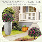 Yunlly Set of 2 Artificial Boxwood Topiary Ball Tree Fake Bushes Shrubs Outdoor Faux Plant with Ground Spike Flowers UV Resistance Greenery for Front Porch Garden Patio Indoor(Pink,18x10inch)