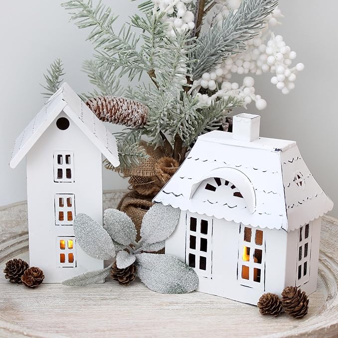 AuldHome Design Farmhouse Decor Tin Houses (Set of 3, White); Candle Lantern Decorative Holiday Christmas Village Display or Votive Holder