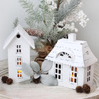 AuldHome Design Farmhouse Decor Tin Houses (Set of 3, White); Candle Lantern Decorative Holiday Christmas Village Display or Votive Holder