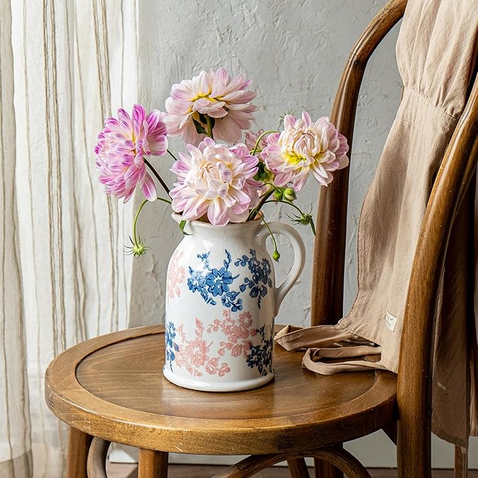 Pink Blue and White Pitcher Vase, 8 Inch Vintage Chinoiserie Ceramic Flower Vase, Rustic Retro Ice Cracked Antique Porcelain Vases for Home Farmhouse Table Centerpieces Shelf Decor ﻿