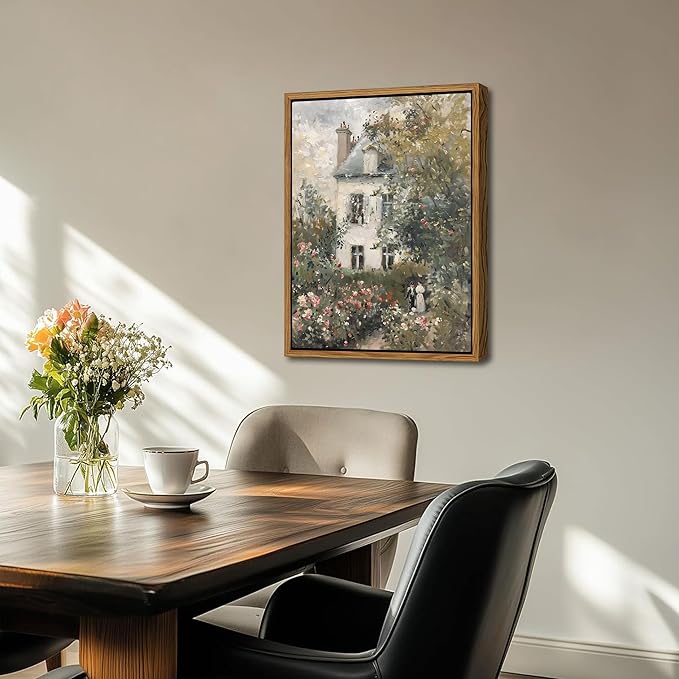Floating Framed Canvas Vintage Wall Art, Neutral English Cottage Rose Garden Oil Paintings Print, Spring Pictures Wall Decor for Living Room Hallway Bedroom Office Rustic Decor 12x16 inch