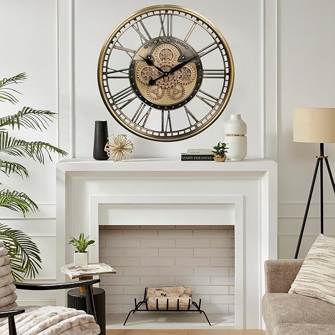 CLXEAST 28 Inch Gold Moving Gear Wall Clock for Modern Living Room Decor,Oversized Large Metal Roman Numeral Wall Clocks for Farmhouse Home Décor,House Warming Gifts New Home