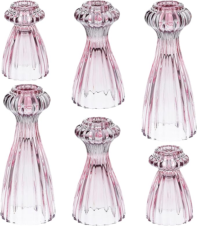 Lysenn Glass Candle Stick Holder Set of 6 – Premium Taper Candle Holders for Romantic Ambiance - Candle Sticks Holder Decor for Special Occasions - Pink