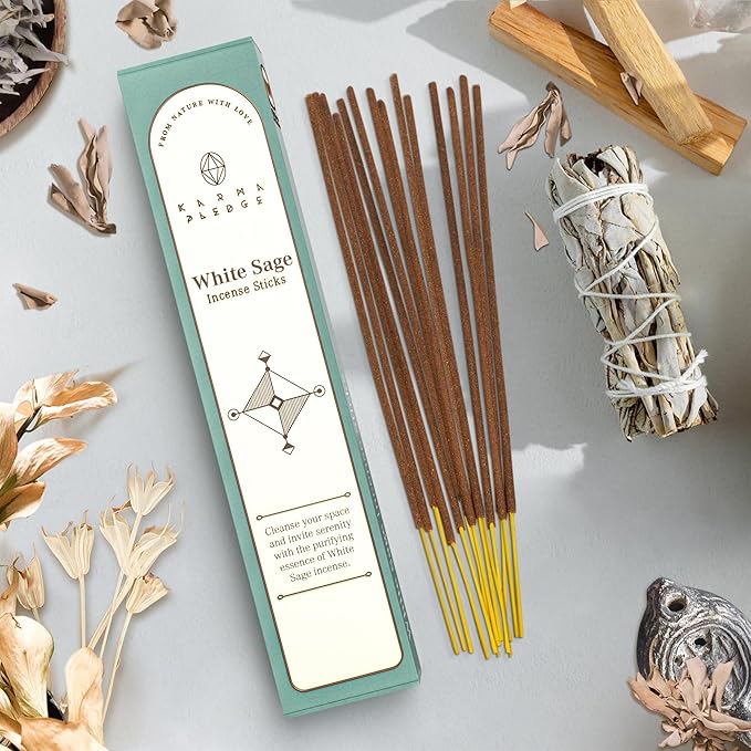 White Sage Incense Sticks, Organic Hand Dipped Incense, Natural Herbs & Aromatic Ingredients, Contain 40 Sticks Inside, Burn Time 45 to 60 Minutes, Spiritual Gifts, Serene Incense by Karma Pledge