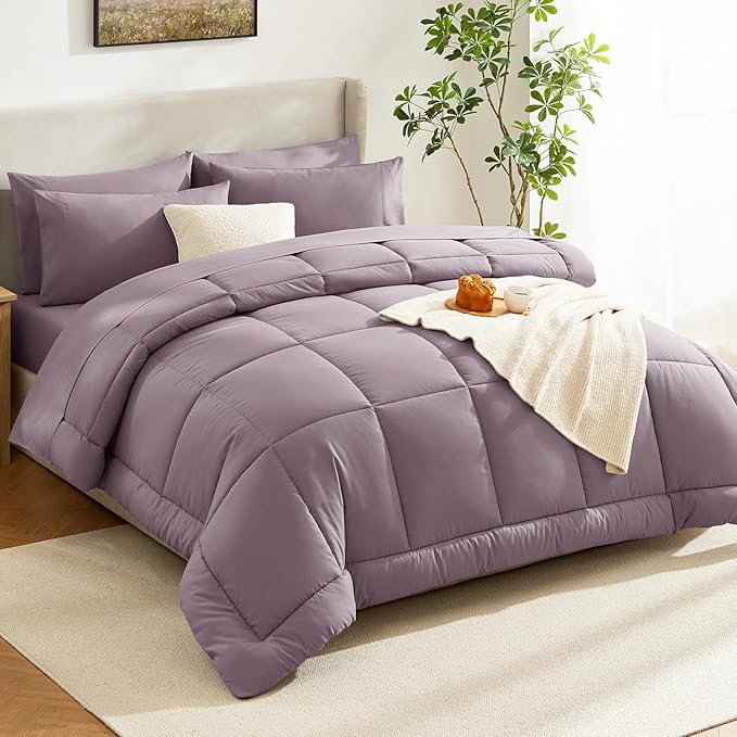CozyLux Queen Size Comforter Set Dusty Purple - 7 Pieces Bed in a Bag Dusty PurpleComforter Queen Size, Bedding Set with All Season Quilted Comforter, Flat Sheet, Fitted Sheet, Pillowcases