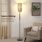 PARTPHONER Boho Floor Lamp for Living Room with 3 Color Temperatures LED Bulb, Standing Lamp Tall Lamp Reading for Bedroom, Office, Kids Room (9W LED Bulb, Rattan & Fabric Shades Included)