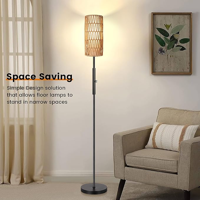 PARTPHONER Boho Floor Lamp for Living Room with 3 Color Temperatures LED Bulb, Standing Lamp Tall Lamp Reading for Bedroom, Office, Kids Room (9W LED Bulb, Rattan & Fabric Shades Included)