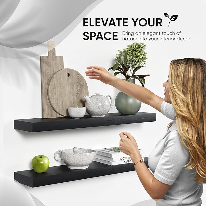 Homeforia Black Floating Shelves 30 inches Long, High End Solid Real Wood 30 inch Floating Shelf for Wall Mounted, Black Wooden 30in Floating Shelves, Heavy Duty Bracket, 30 X 6.5 X 1.75 in, Set of 4