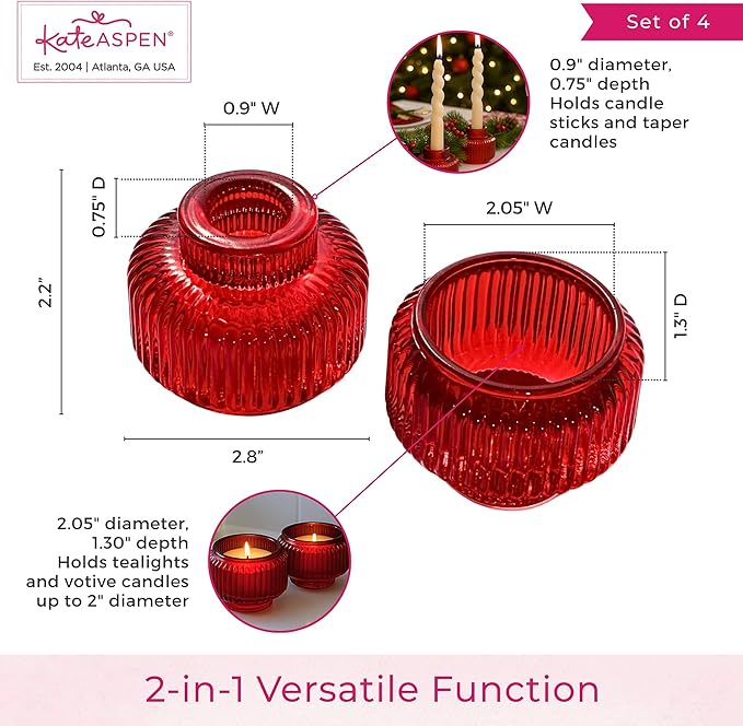 Kate Aspen Red Ribbed Taper Candle Holders for Candlesticks Set of 4, Candlestick Holders, Votive Candle Holder Decor, Red Kitchen Decor, Glass Candlestick Holder,Table Centerpieces, Holiday Accents