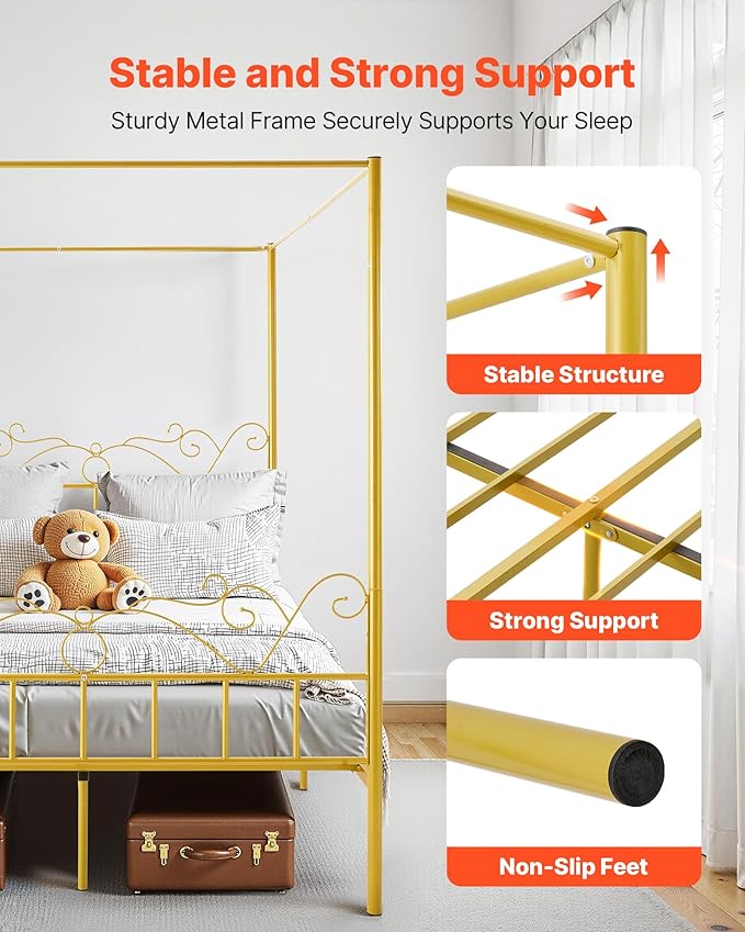 VEVOR Canopy Bed Frame Queen Size, Metal Canopy Bed with Minimalist Headboard & Four Posters Design, Heavy Duty Steel Slats Support, Underbed Storage Space, No Box Spring Needed, Easy Assembly, Gold
