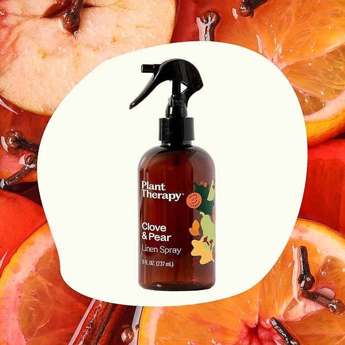 Plant Therapy Clove & Pear Fall Linen Spray 8 oz A Fun, Feel-Good Scent with Fall Flair, Adds Cozy Charm & Cheerful Vibes, Perfect for Spritzing Linens, Curtains, and Cozy Corners