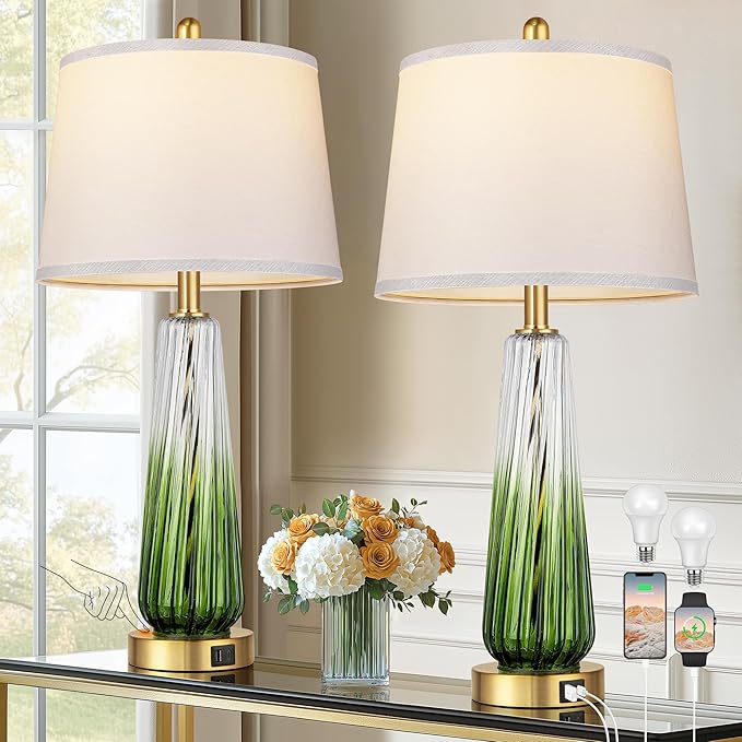 Glass Table Lamps Set of 2, Modern Bedside Lamps for Bedrooms with USB A+C Ports, 3-Way Dimmable Touch Control Nightstand Lamp with White Linen Shade, 27.5" Large Lamps for Living Room Decor, Green