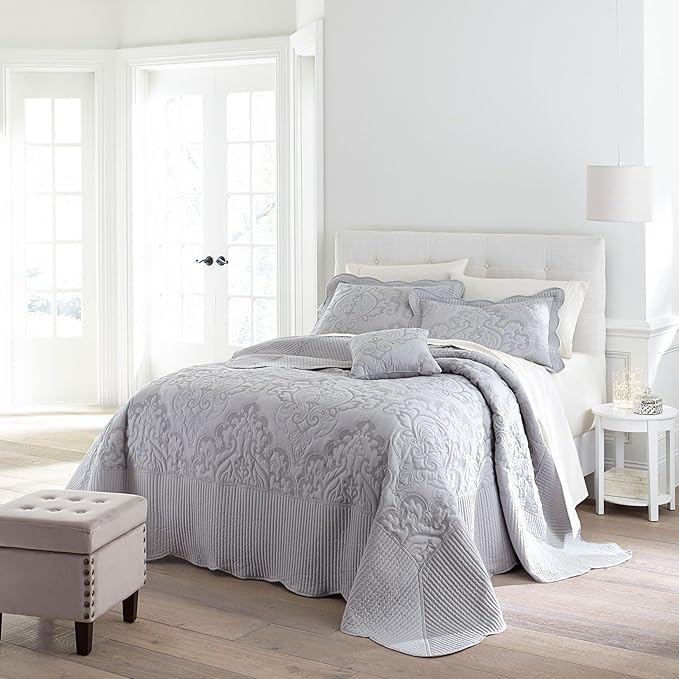 BrylaneHome Bedding Lightweight All Season Modern Amelia Quilted Damask Oversized Ultra Soft Bedspread - Full, Grey