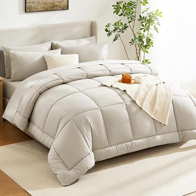 CozyLux Queen Comforter Set Oatmeal, 7 Pieces Bed in a Bag, Oatmeal Comforter Queen Size, All Season Bedding Sets with Stitch Quilted Comforter, Flat Sheet, Fitted Sheet, Pillowcases