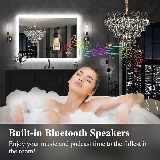 SBAGNO LED Bathroom Mirror with Lights, 40''x28'' 3D Border Bathroom Vanity Wall Mirror with Bluetooth, Anti-Fog, Stepless Dimming, 3 Colors, Tempered Glass Lighted Vanity Mirror for Bathroom
