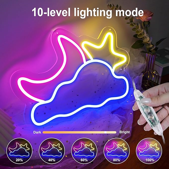 Moon Cloud Star Neon Sign, Large Neon Light for Bedroom, Dimmable Cloud Neon Sign for Living Room, Game Room Wall Decor, Handmade Birthday/Festival Gifts 16.5''x 11 inch