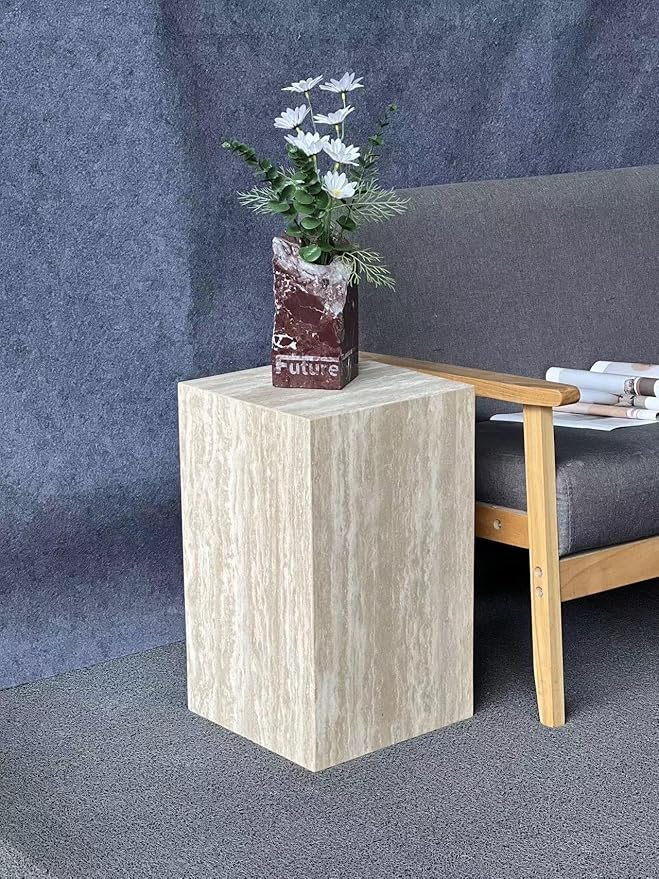 Luxury Marble Side Table,Square End Table for Modern Sofa and Bed, Living Room, Sofa, Bedroom(Travertine)