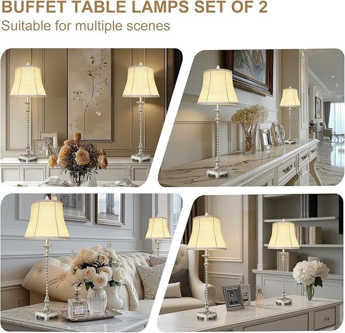 Candle Stick Buffet Table Lamp Set of 2, 33'' Vintage Nightstand Lamps with Silver Leaf Finish and White Linen Shades, 3-Way Dimmable Bulb Included, Country Style Bedside Lamps for Living Room Bedroom