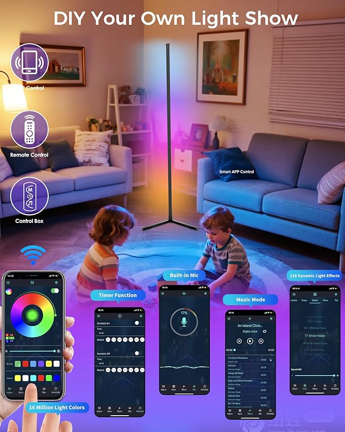 LED Corner Lamp, 65" RGB Corner Floor Lamp with 16 Million DIY Colors, 216 Dynamic Light Effects and Music Sync - App and Remote Control LED Lamp for Bedroom, Living Room, Gaming Room