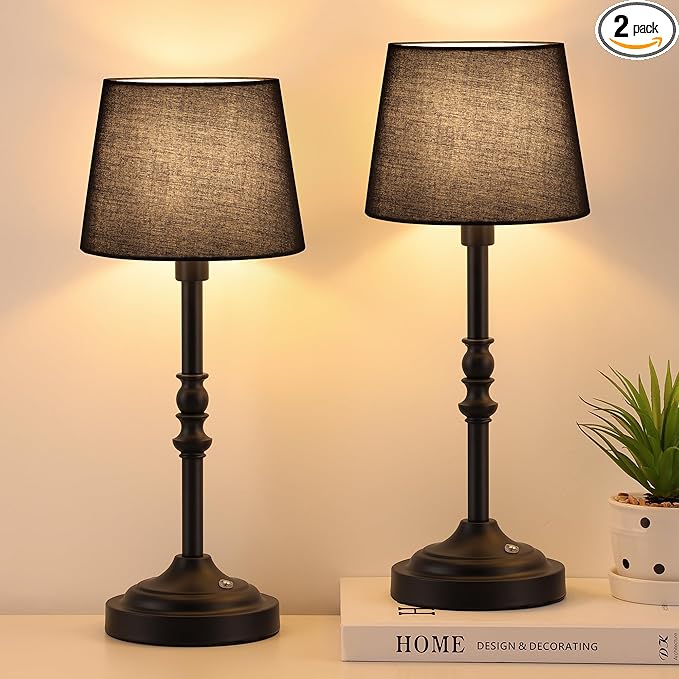 GGOYING Set of 2 Rechargeable Cordless LED Table Lamps, 4-Level Dimmer, Black Portable Desk Lamps with Black Fabric Shades, Night Light for Dining, Bedroom and Patio
