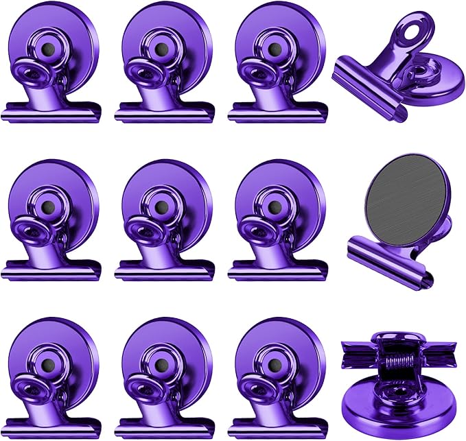 FINDMAG 12 Pack Magnetic Clips for Photo Display and Picture Hanging, Strong Fridge Magnets, Scratch-Free Heavy Duty Magnet Clips for Whiteboard, Kitchen, Office, School, Purple, 30mm Wide.