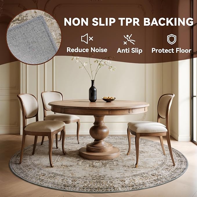 6 ft Round Rugs for Living Room Bedroom Rug Circle Area Rug for Dining Room Table Throw Vintage Circular Rugs Washable Soft Comfortable Beige