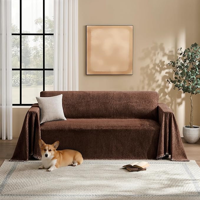Couch Cover for Dogs Sectional Sofa Covers Washable for 2 Cushion Couch, Chenille Couch Cover Blanket Sectional Sofa Slipcovers, Multi-Use Furniture Protector for Kids, Pets, 71" X118", Coffee