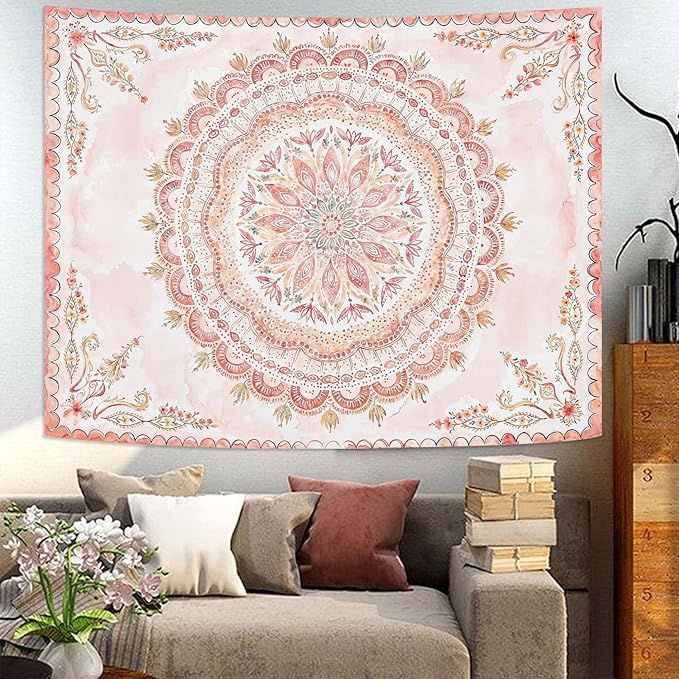 Fowocu Boho Floral Mandala Tapestry Wall Hanging Pink Bohemian Flower Medallion Tapestry Aesthetic Watercolor Hippie Indian Small Tapestries for Bedroom Living Room Dorm Decor 60 x 44 Inch