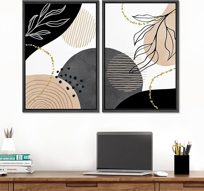 SIGNFORD Framed Canvas Print Wall Art Set Mid-Century Nordic Geometric Ring Plants Abstract Shapes Illustrations Modern Art Decorative Bohemian for Living Room, Bedroom, Office - 16"x24"x2 Black