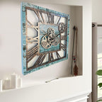 The Gears Clock 24'' Inch Square Real Moving Gear Wall Clock Vintage Industrial Oversized Rustic Farmhouse (Aqua Green)