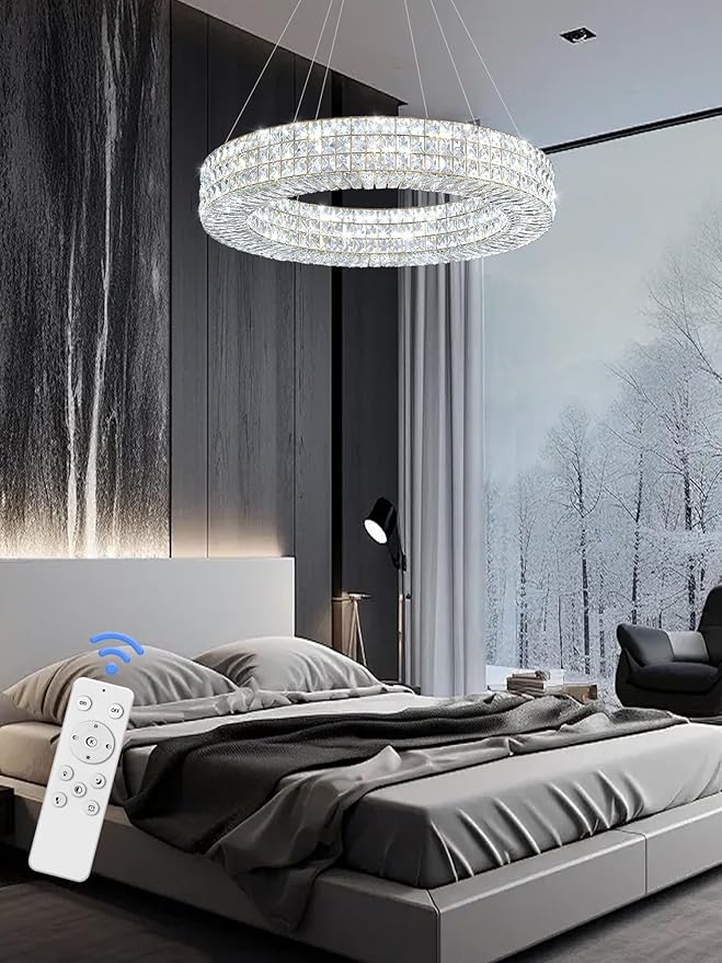 Dia 24" Modern Crystal Chandelier Gold Ring Chandelier Adjustable Height Luxury Crystal Pendant Ceiling Light Fixture for Dining Living Room Bedroom
