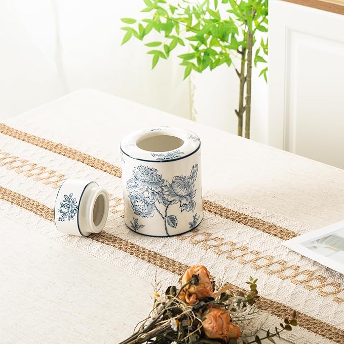 Ceramic Decorative Jars with Lid, Blue and White Ginger Jar for Home Decor, Cylindrical Vase Decor, 7.7x5.4 Inch, Flowers and Branches