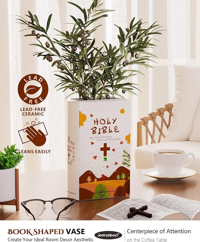 Bible Blessings Fall Flower Vase - Modern Ceramic Book-Shaped Vase for Flowers - Christian Desk Decor for Prayer Room, Dining Table, Coffee Tables, Entryway Console, Religious Gifts (Orange Fall, XL)
