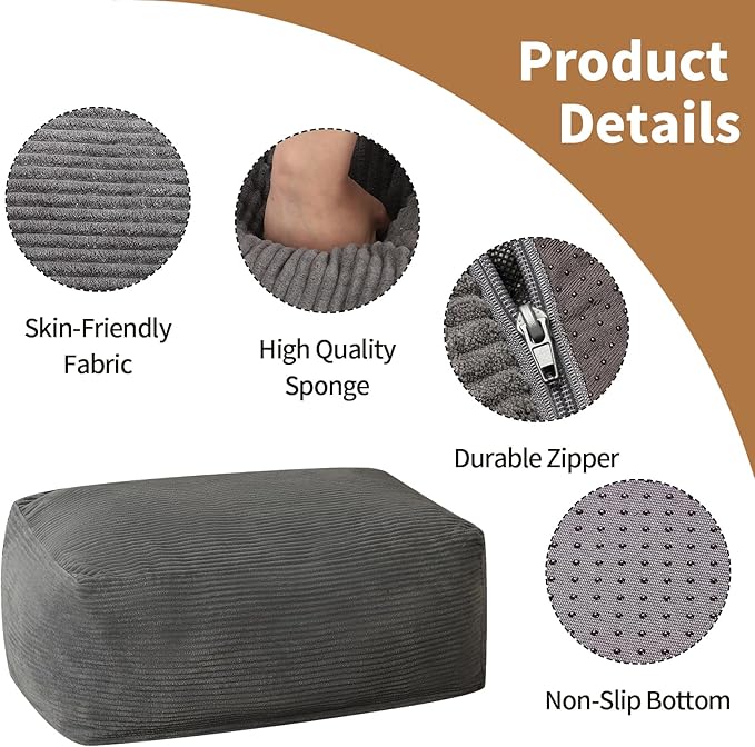 Square Pouf Ottoman, Comfy Lazy Floor Footrest with Memory Foam Filling for Living Room, Grey