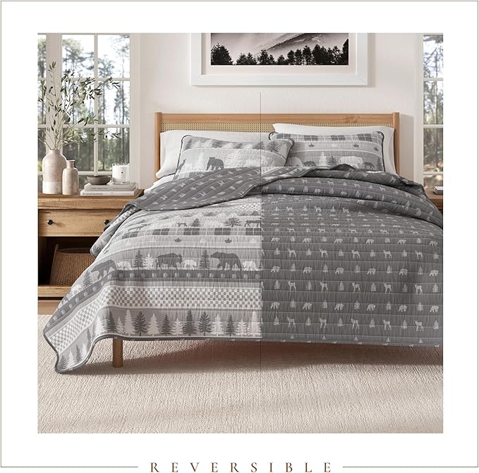 Rustic Cabin Twin Size Quilt Set with Shams - All-Season, Lightweight, Reversible Bedspread - Lodge-Themed Summer Bedding Sets (Twin/Twin XL, Rustic Landscape Grey)