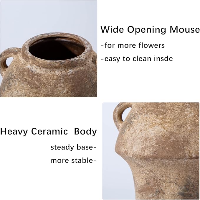 Ceramic Flower Vases, Terracotta Vase, 7 Inch Vintage Porcelain Vases for Home Decor, Decorative Farmhouse Vase with hadle for Home Decor, Living Room, Shelf Decor, Farmhouse, Table, Lyeec