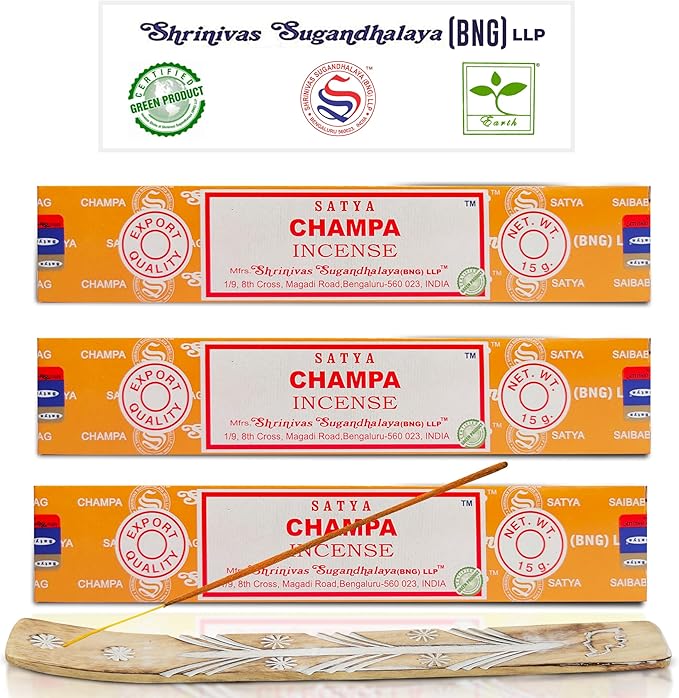 Satya Nagchampa Champa Incense Sticks, Satya Bng (Bangalore) Insenses 15gmx3 Pack (45 GMS) with Raajsee Incense Holder Bundle, Satya Nagchampa Natural Incense