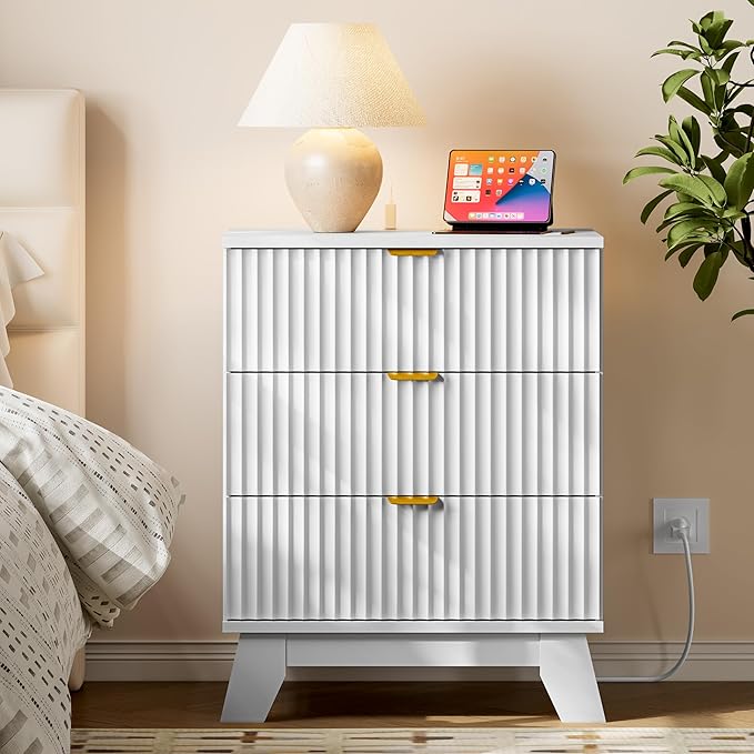 30.5" Nightstand with Charging Station, 3-Drawer Fluted Bedroom Chest, Wood Bedside Dresser with Power Outlets and USB Ports, Metal Slides, Stable Base, Modern Storage Cabinet for Small Spaces