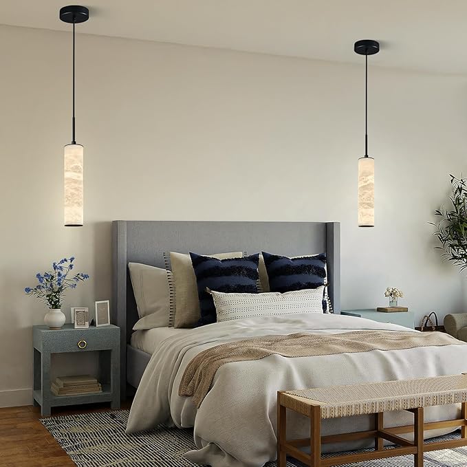 LMQNINE Natural Alabaster Pendant Lights for Kitchen Island White Marble Long Tube Chandelier Modern Black Ceiling Light Fixtures for Bedroom Dining Room Table Living Room Hallway(S-1Pack)