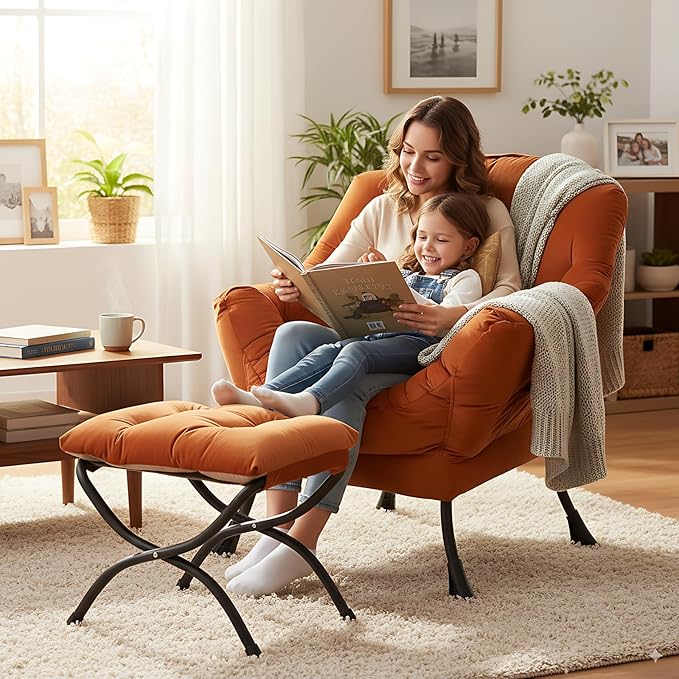 Lazy Chair and Ottoman, Large Accent Lounge Chair with Armrests and a Side Pocket, Modern Leisure Upholstered Sofa Reading Armchair with Footrest for Bedroom, Living Room, Dorm Rooms, Office