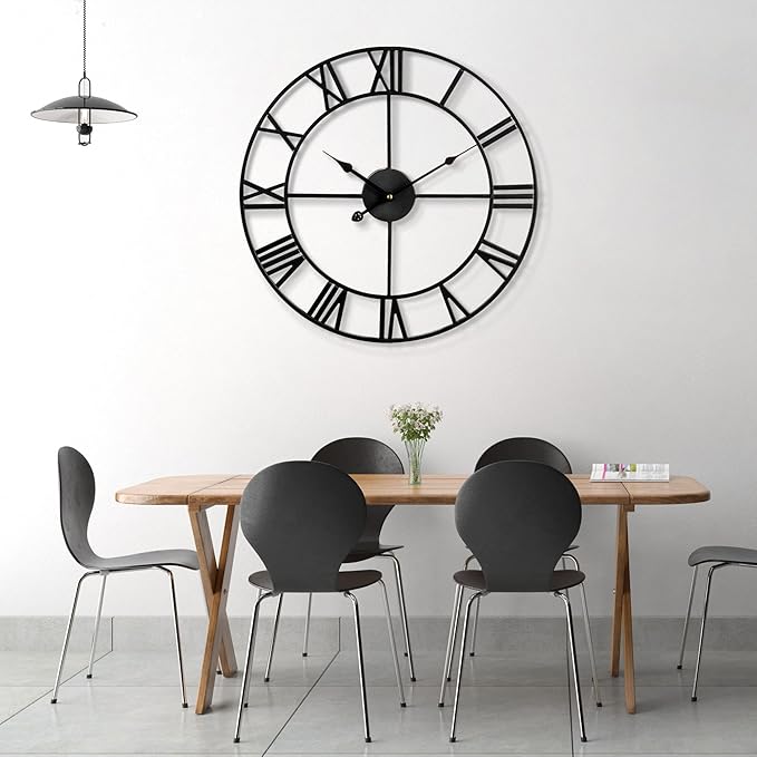 1st owned Large Wall Clock Metal Retro Roman Numeral Clock, Modern Round Wall Clocks Almost Silent, Easy to Read for Living Room/Home/Kitchen/Bedroom/Office/School Decor (Black, 40 Inch)