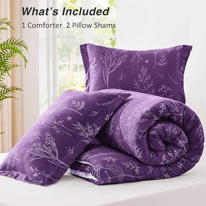 Love's cabin Dark Purple Comforter Set King - King Size Comforter Set, 3 Pieces Cute Floral Bedding Sets for All Seasons,1 Soft Reversible Botanical Flowers Comforter and 2 Pillow Shams