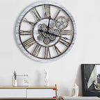 The B-Style Large Real Moving Gears Wall Clock 30 inch Rustic Retro Industrial Farmhouse Wood Clock Oversized Decorative Vintage Wall Clocks for Living Room (Gray White, 30 Inch/76CM)