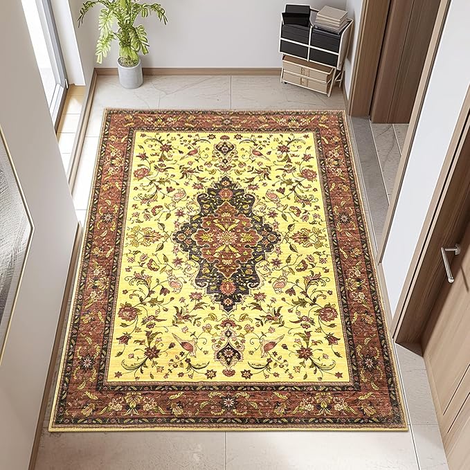 Topllen Washable Area Rug - 3'x5' Boho Bedroom Rug Indoor, Non-Slip Low-Pile Rugs for Living Room Bathroom Kitchen Front Door, Entry Throw Carpet Stain Resistance (Red, 3x5ft)