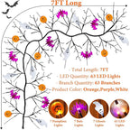 7 Ft 63 LED Halloween Willow Vine Twig Garland with 8 Modes Timer Orange Purple White Lights,7 Pumpkin Bat Ghost, Garland with Battery Operated for Wall Fireplace Halloween Decorations